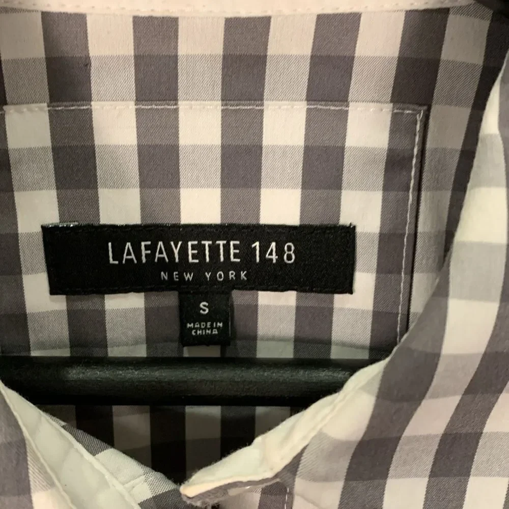 Lfayette 148 grey and white tee button down plaid checkered Womans dress shirt S - Picture 4 of 9